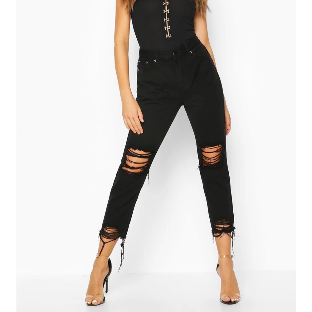 High rise destroyed hem boyfriend jeans